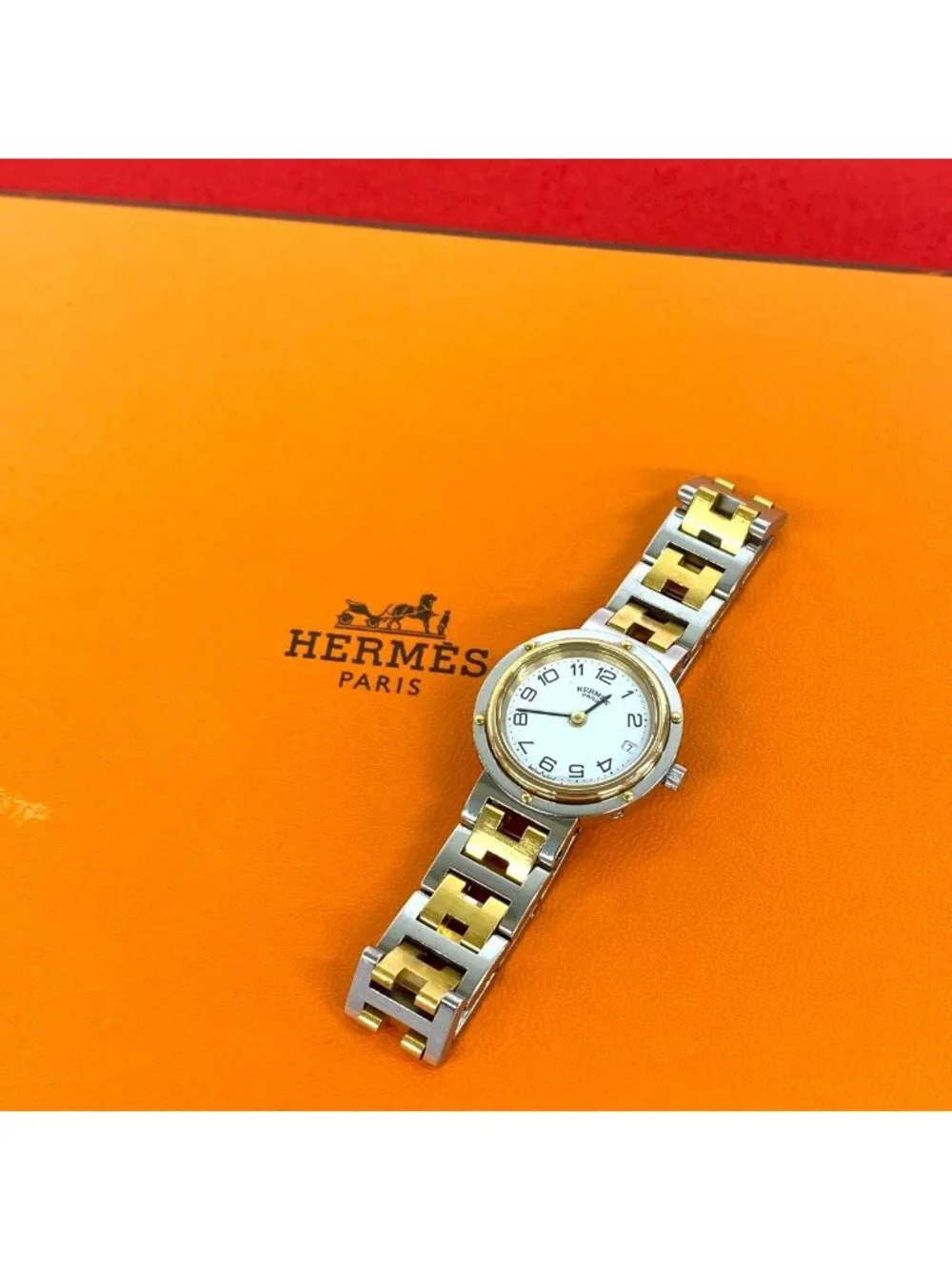 Hermes Clipper Stainless Steel Quartz Watch Wristwatch Silver Gold
